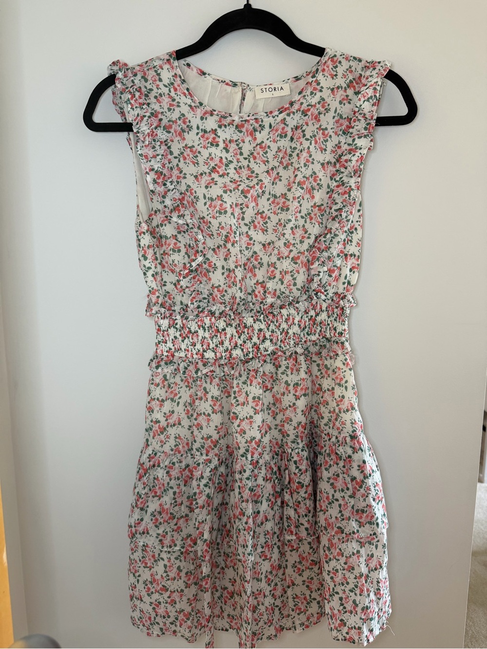 Storia Floral Mini Dress in White with Pink and Green Print